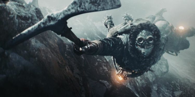 An ice climber desperately clings to his ice pick while making his way to the city in Frostpunk