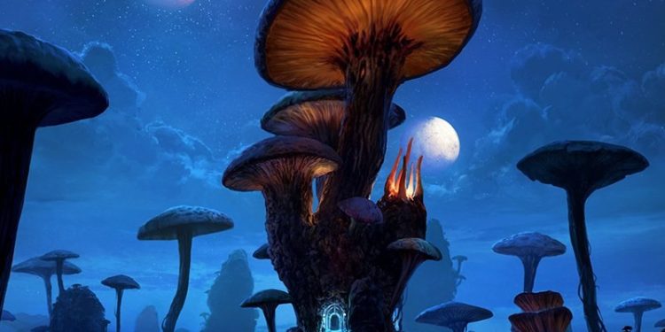 Elder Scrolls artwork of a Telvanni mushroom tower stands in Morrowind's night sky
