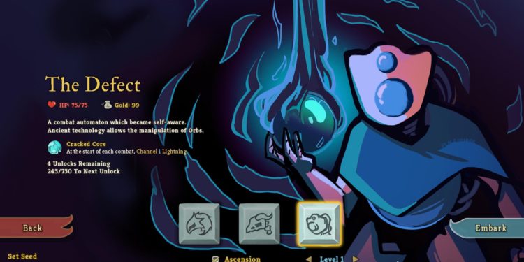 The Defect's hero card at the character selection screen