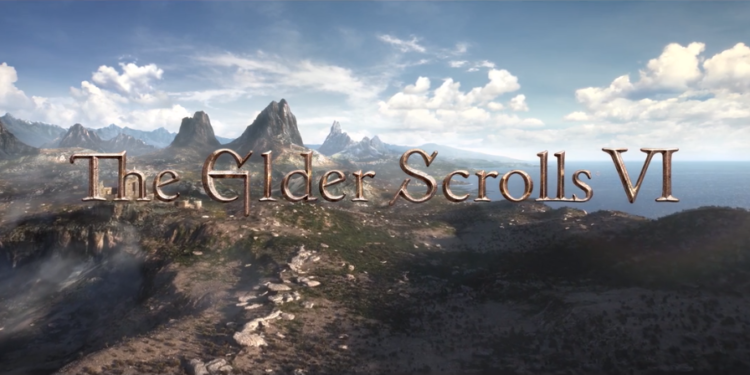 A scenic mountainous landscape with the words The Elder Scrolls VI superimposed over it