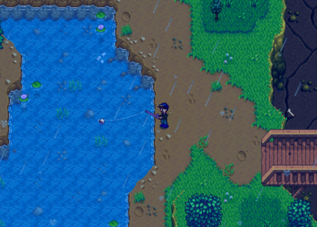 A farmer rain fishing in a mountain lake in Stardew Valley