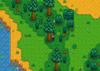 Bob Ross chopping down happy little trees for wood in Stardew Valley