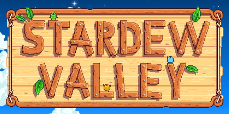 The start screen of Stardew Valley with Junimos greeting the player